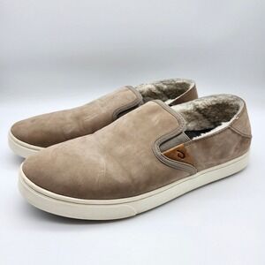 OluKai Pehuea Heu Slip On Shoes Tan Leather wool Shearling lined Sneakers Womens